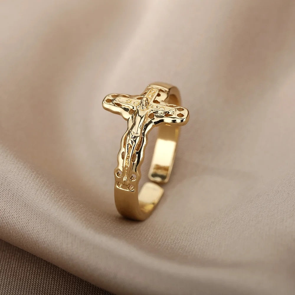 Jesus Cross Rings For Women Men Metal Golden Wide Large Adjustable Ring Vintage image 14