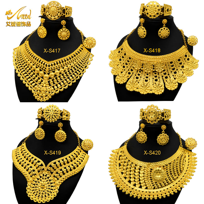 ANIID Luxury Indian Jewelry Sets for Women Party Dubai 24K Gold Color Necklace image 1