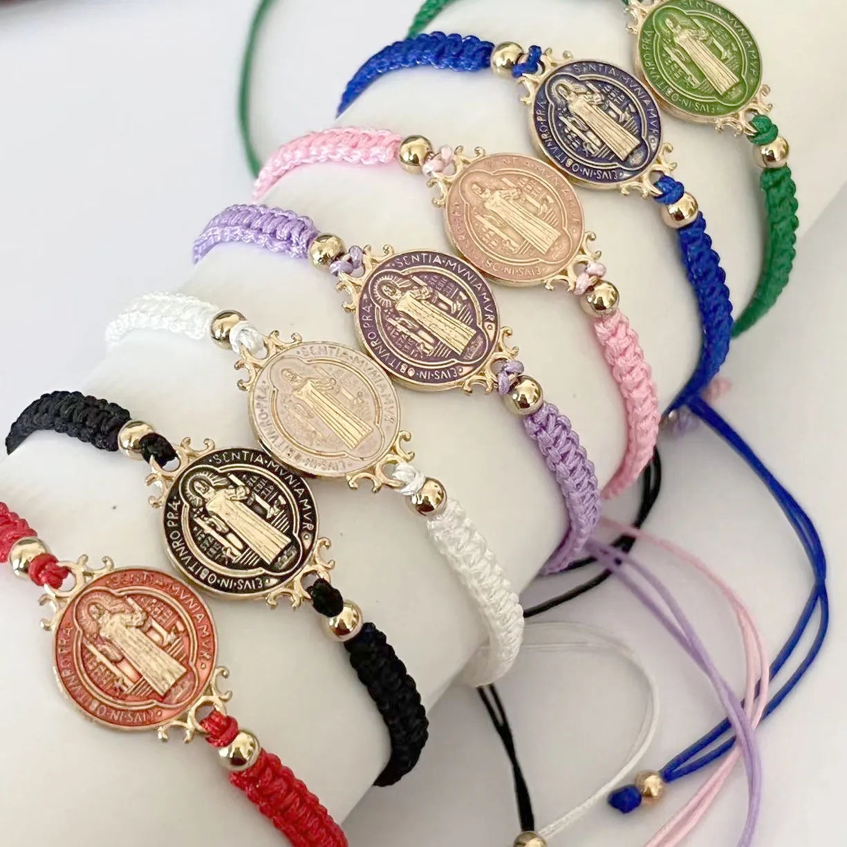 1 Pcs Size Adjustable Colorful Gold Plated Saint Benedict Handmade Weave Rope R image 0