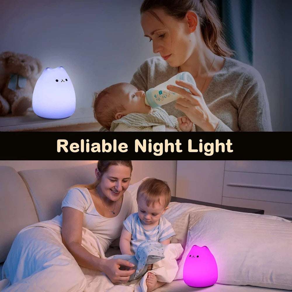 Cute Cat Night Light 7 Colors Silicone Nursery Cat Lamp for Kids Tap Control En image 6