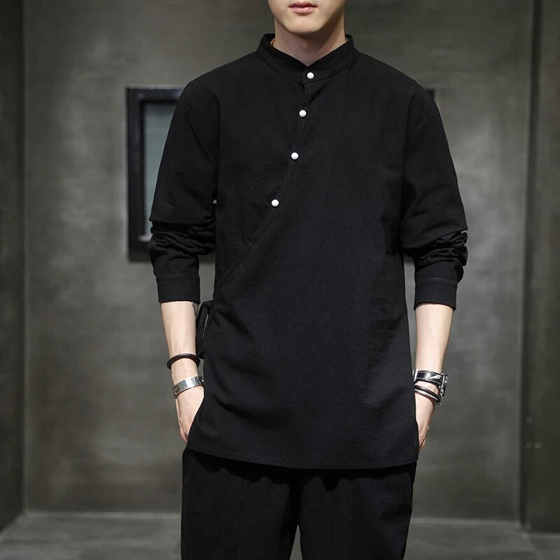 Mens Chinese Style Hemp Shirt Cotton Linen Tang Suit Hanfu Retro Stand-Up Colla image 2