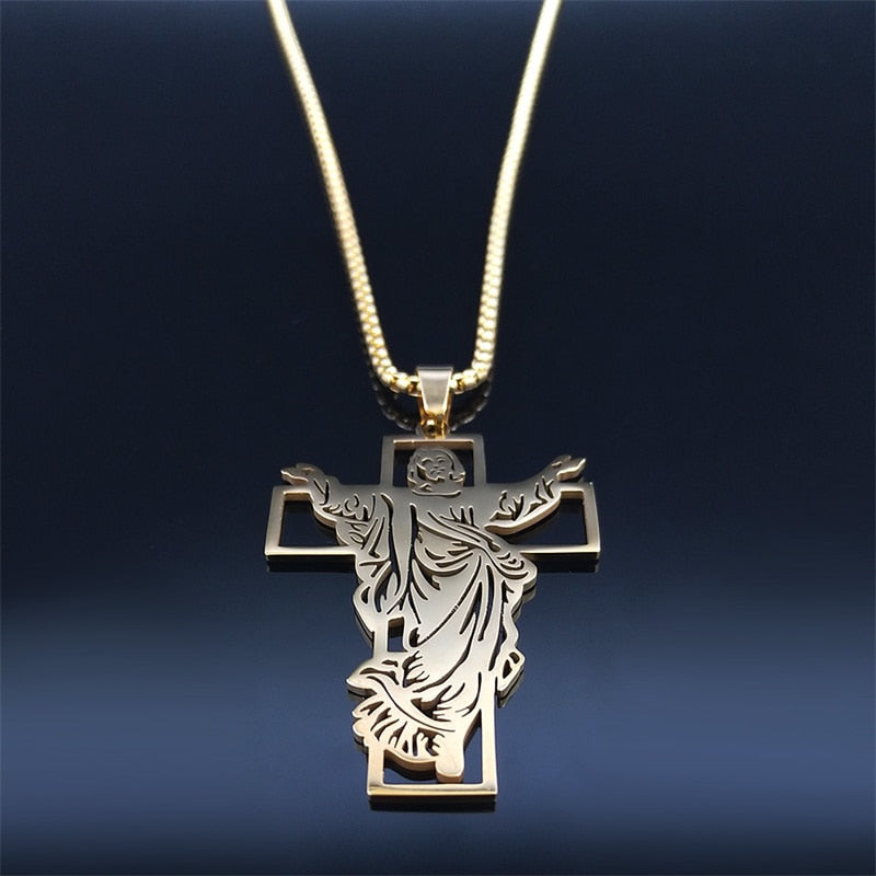 Jesus Cross Stainless Steel Pendant Necklace Gold Color Women/Men Religious image 9