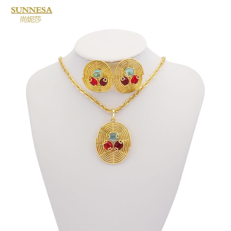 SUNNESA Classic Zircon Duabi Jewelry Sets for Women Copper Plated African Golde image 1