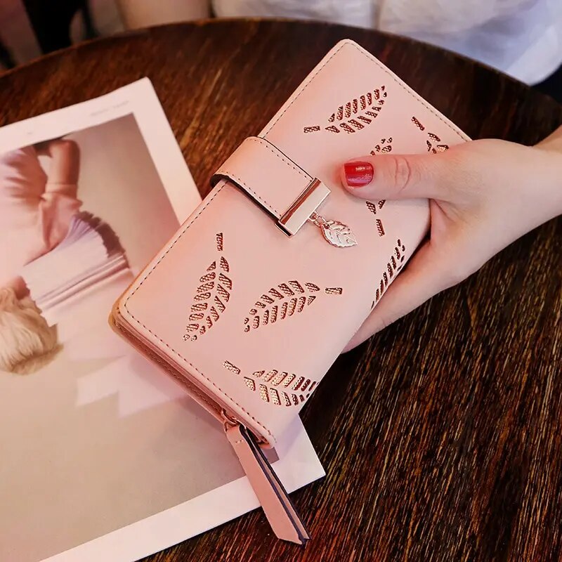 Fashion PU Leather Wallet Purse Women Long Wallet Gold Hollow Leaves Pouch Hand image 10
