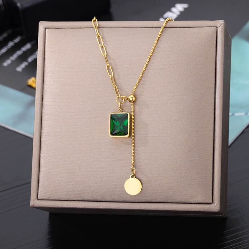 Green Square Pendant Necklace for Women Multi-layer Splicing Chain Gold Plated image 0