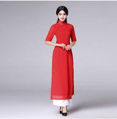 Traditional Vietnam Ao dai Women Cheongsam Summer Oriental Dress Include Pants image 1