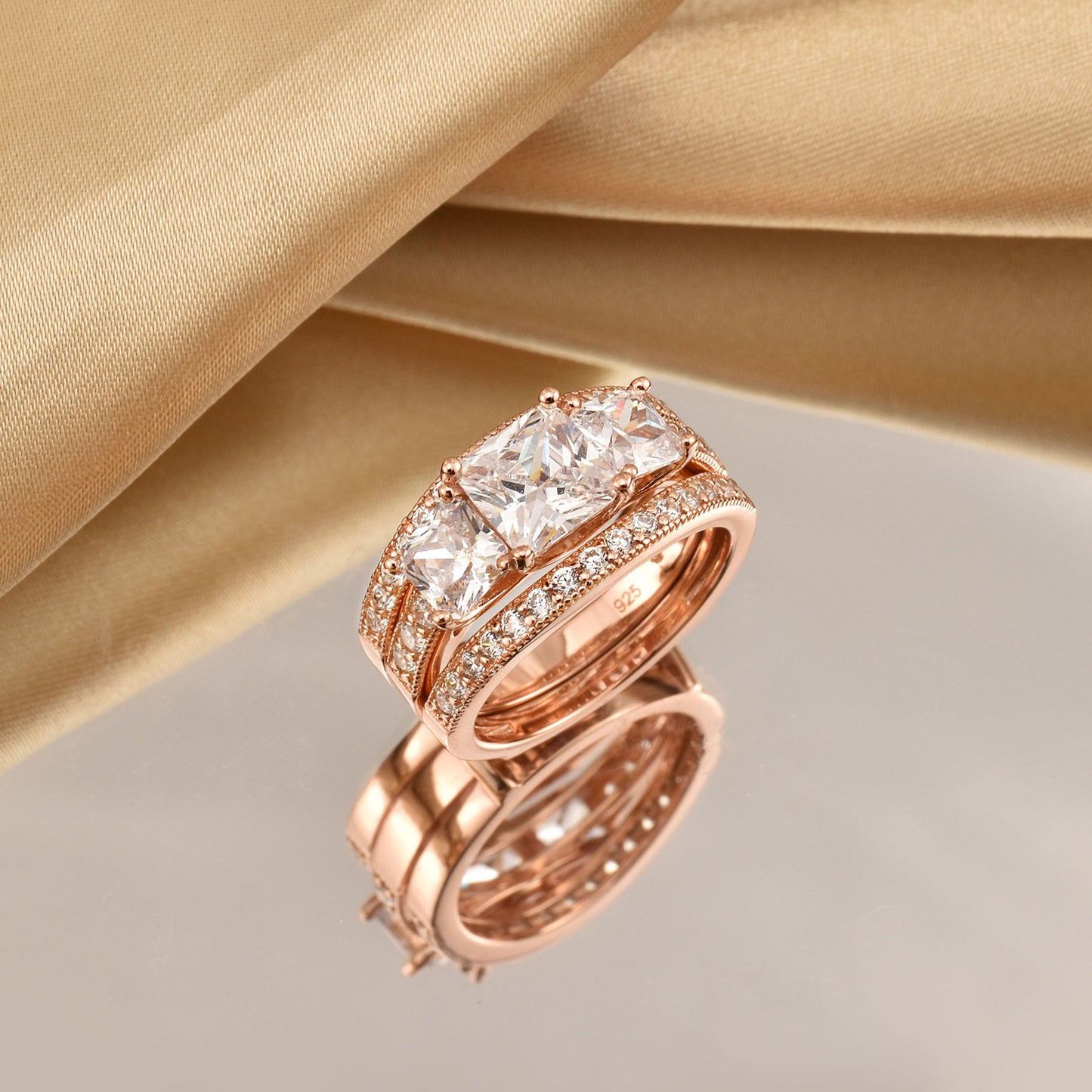Newshe Yellow/ Rose Gold Wedding Rings Set For Women 925 Silver Princess image 5
