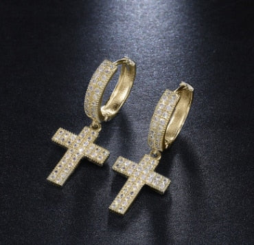 Punk Gold Color Cross Stud Earrings Hip Hop White Litter Rhimestone Jewelry Pie image 8