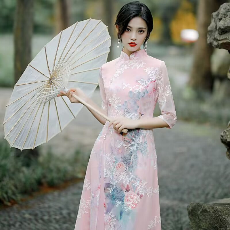 Summer Chiffon Ao Dai Elegant Dress Qipao Oriental Printing Dress Qipao Vietnam image 5