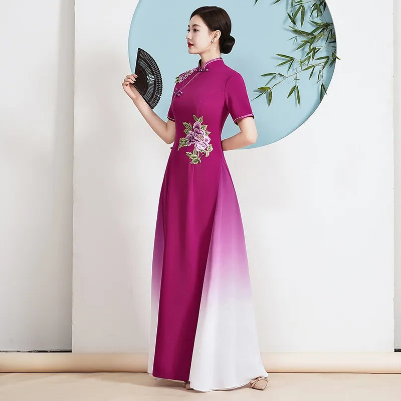2024 Ao Dai Cheongsam Folk Style Vietnam Chiffon Aodai Elegant Women Flower Emb image 5