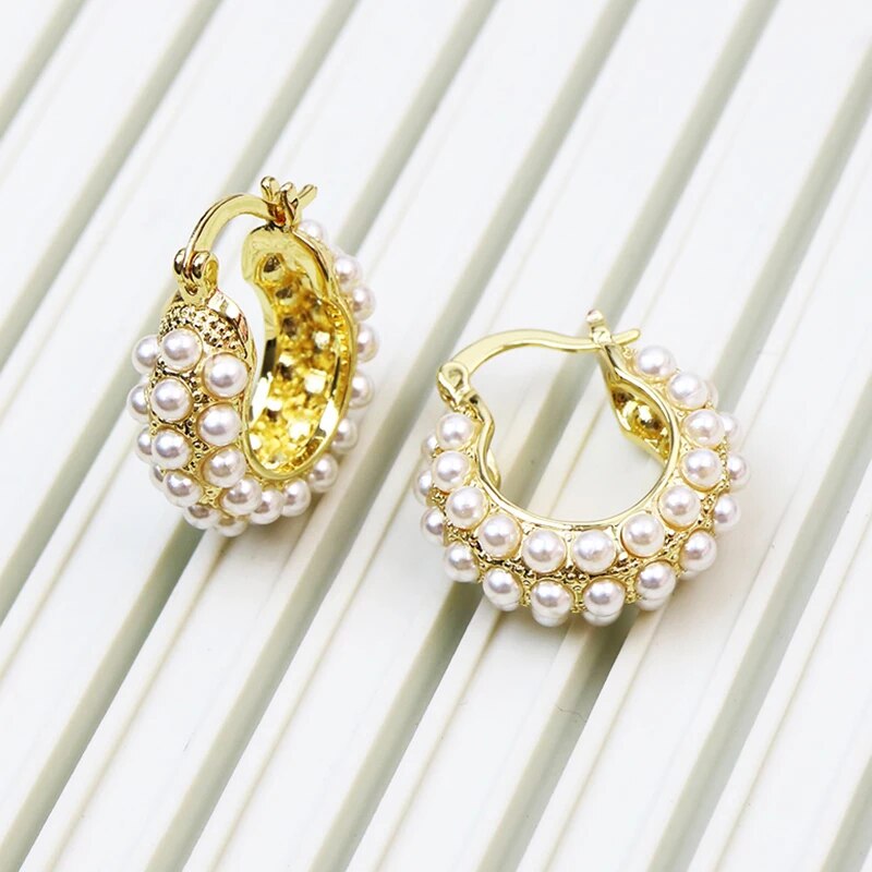 5 Pairs Fashion Design Elegant Pearls Hoop earrings Gold Plated Pearls Earring image 3