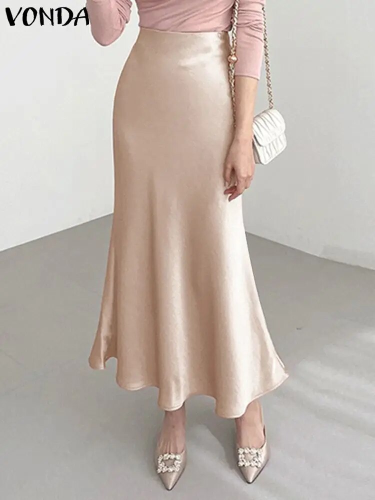 VONDA Elegant Maxi Skirts 2023 Summer Pleated Loose Streetwear Satin Long Skirt image 1