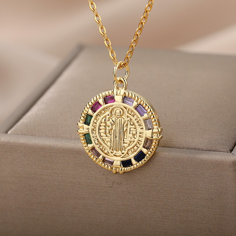 Zircon Round Blessed Virgin Mary Necklaces For Women Gold Color Stainless image 0