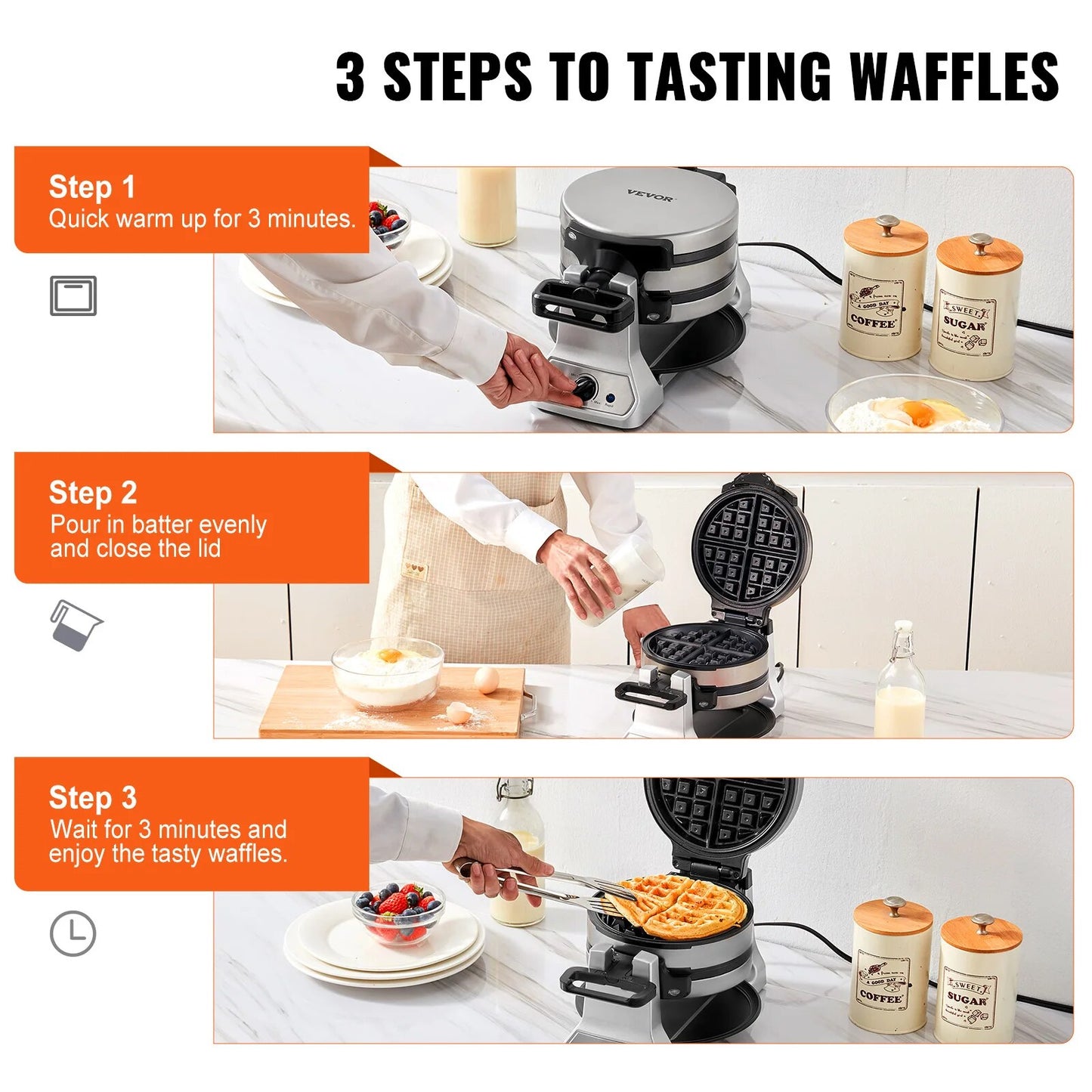 VEVOR 2-Layer Waffle Maker 1400W Round Waffle Iron Non-Stick Waffle Baker Machi image 5