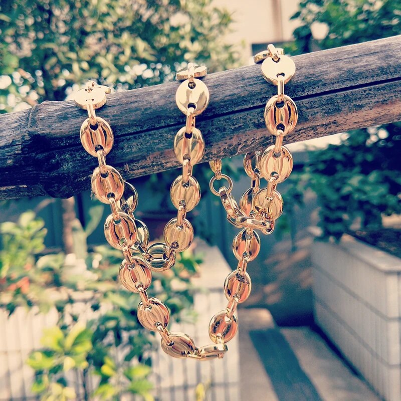 Width 11MM Stainless Steel Gold Plated Coffee Beans Link Chain Necklace Bracele image 10