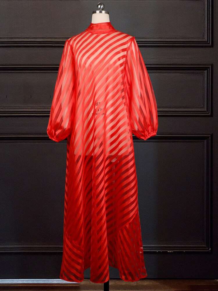 Shirt Dresses Plus Size Women Long Sleeve Red Striped Stand Collar See Through a image 1
