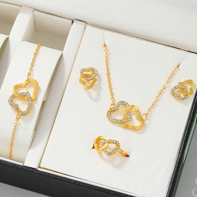 5PCS Set Gold-Color Heart Shaped Jewelry Sets Of Ring Earrings Necklace For Wom image 4