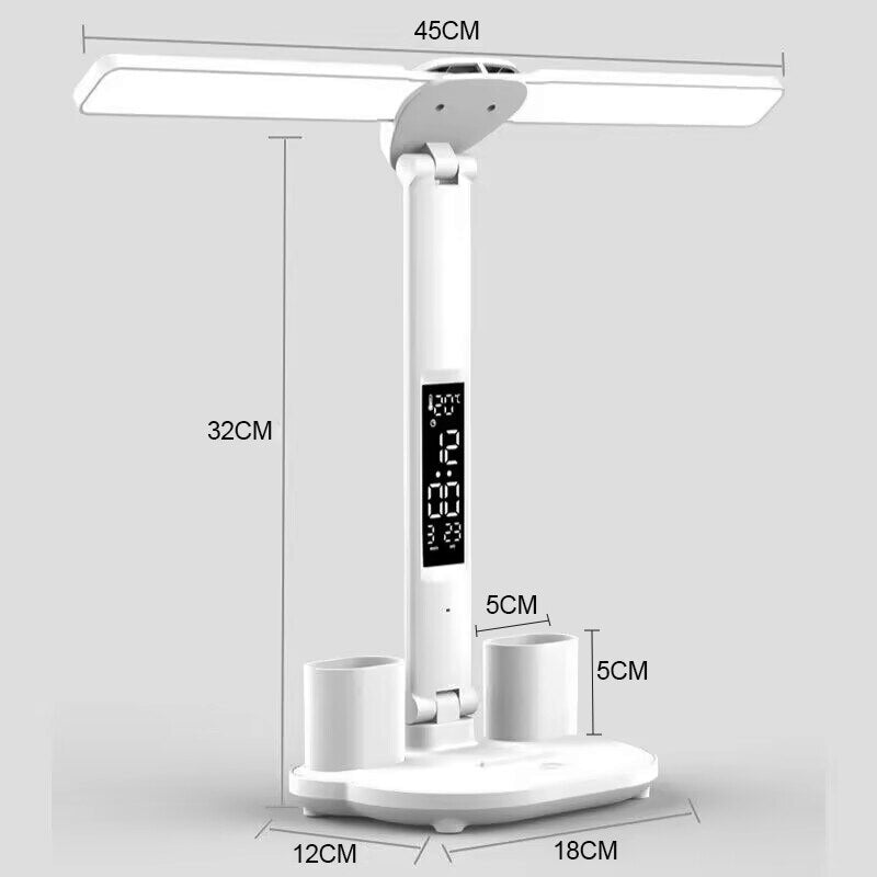 LED Clock Table Lamp USB Chargeable Dimmable Desk Lamps 2 Heads 180 Rotate Fold image 7