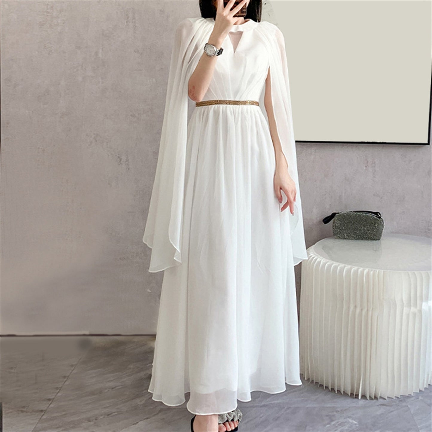 Women Dress 2024 Spring V Neck Sexy Elegant long Dress Autumn cape Sleeve Gown image 3