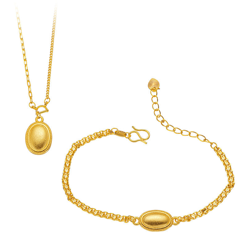 Real 18 K Gold Color Retro Ellipse Necklace Bracelet Chain for Women Fine Jewel image 4