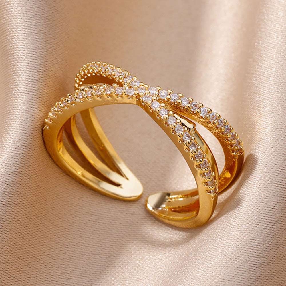 Fashion Gold Color Stainless Steel Rings For Women Chain Hollow Out Crystal Zir image 4