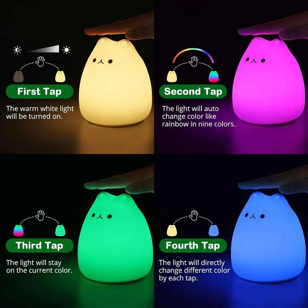 Cute Cat Night Light 7 Colors Silicone Nursery Cat Lamp for Kids Tap Control En image 5