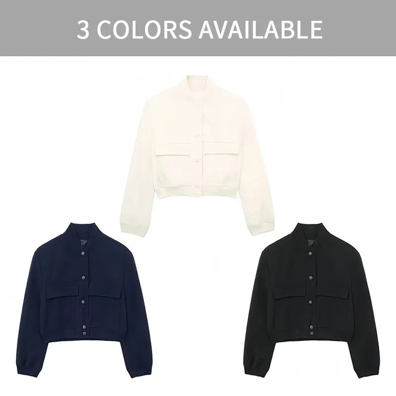 Women Fashion Bomber Jackets with Big Pockets Cropped Spring Amtumn Female Vint image 5