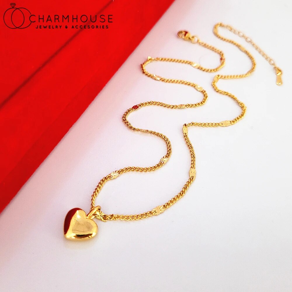24K Yellow Gold Plated Charm Necklaces For Women Heart Pendant Necklace Chain C image 1