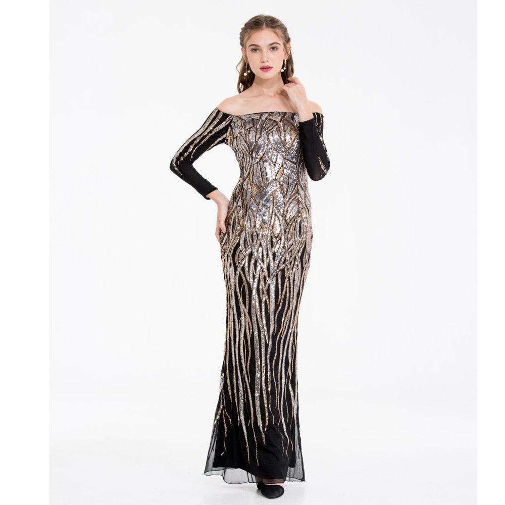 Angel-fashions Vintage Sequin Prom Gown Off Shoulder Long Sleeves Gold Silver B image 4