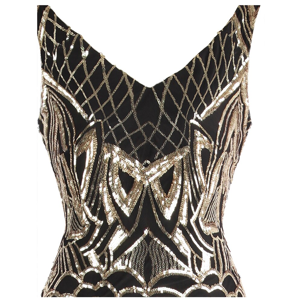 Angel-fashions Women's V Neck Evening Dress Gold Sequin Vintage 1920S image 5