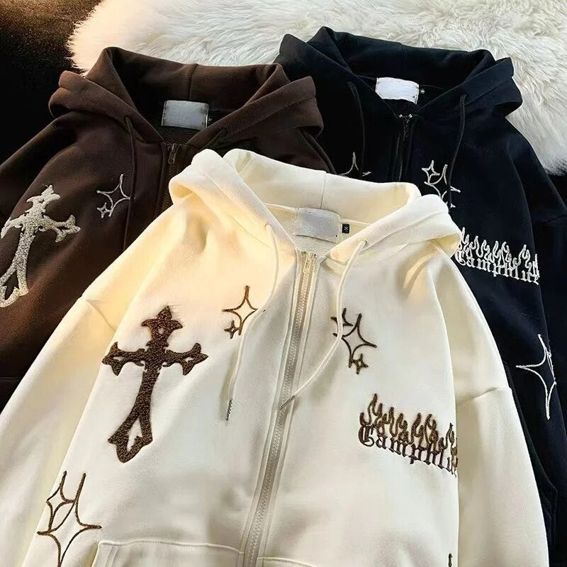 Gothic Embroidery Retro Hoodies Women Harajuku Long Sleeve Zip Up Loose Hooded image 1