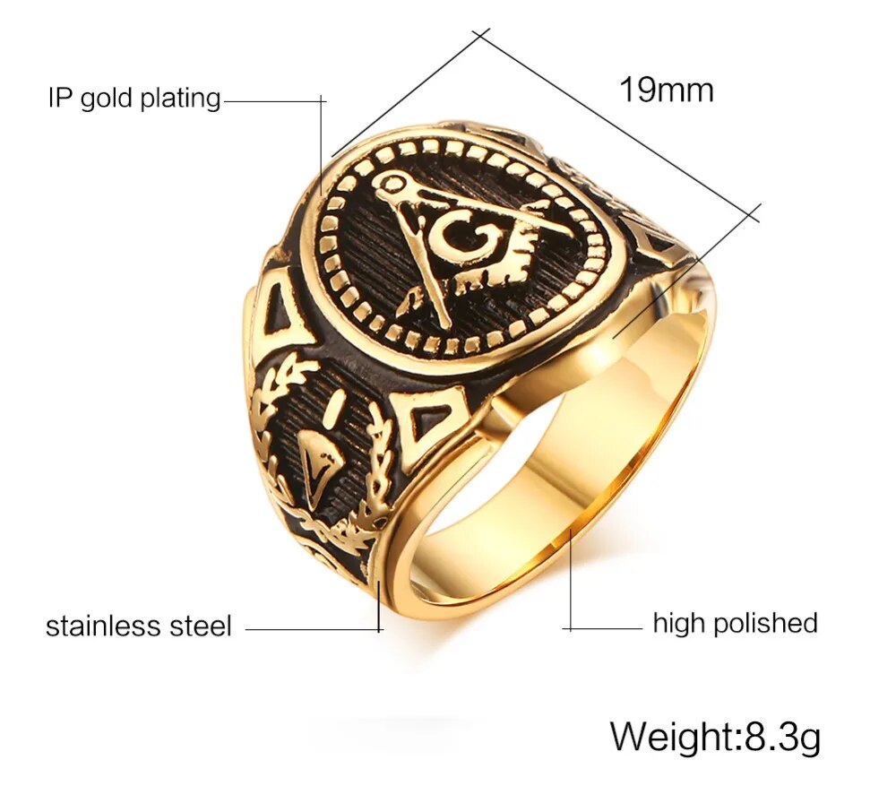 Punk New Men's Stainless Steel Masonic MASON Gold Color Tone Biker Ring Size 8- image 10