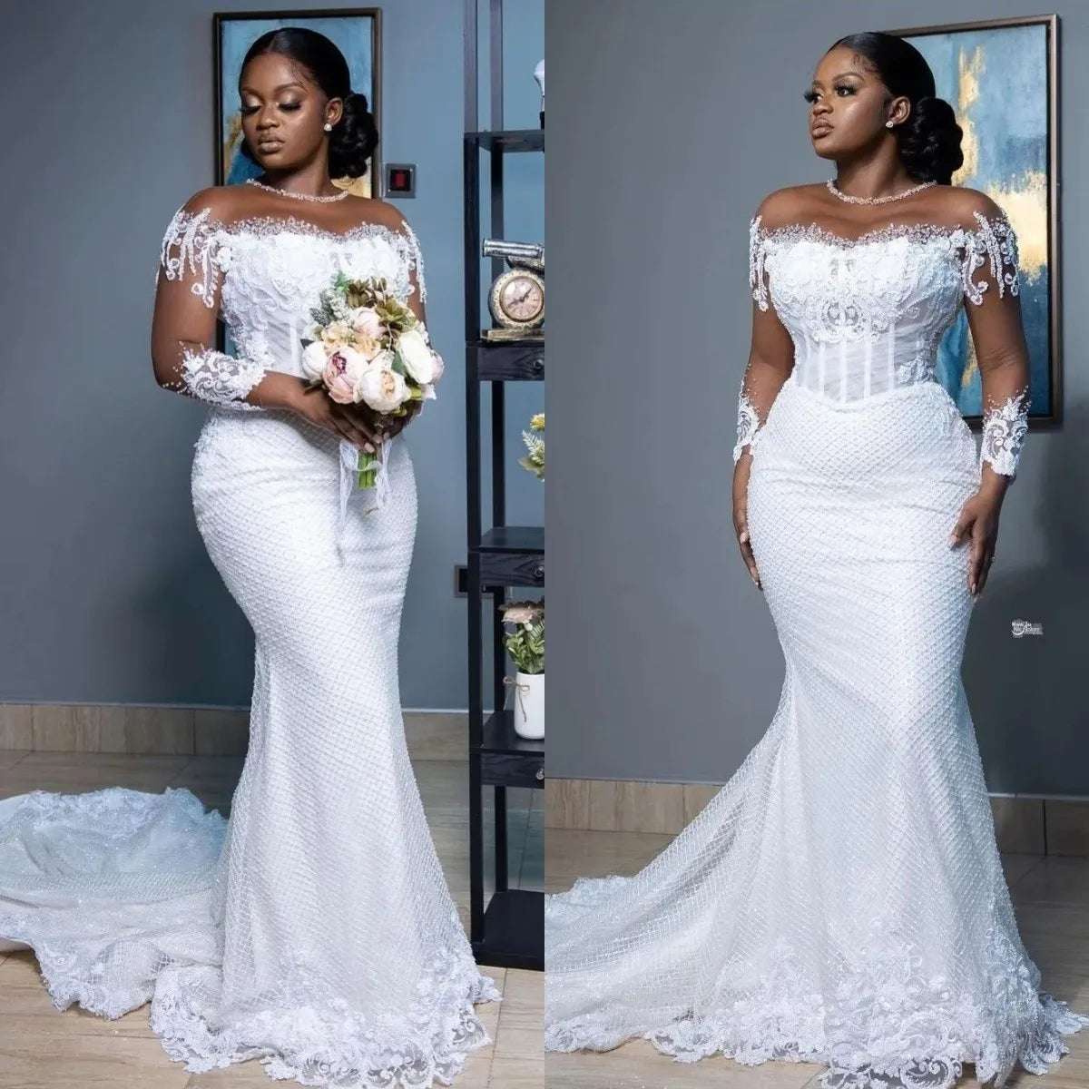 African White Mermaid Wedding Dresses Women Elegant Sheer Long Sleeved Bridal G image 0
