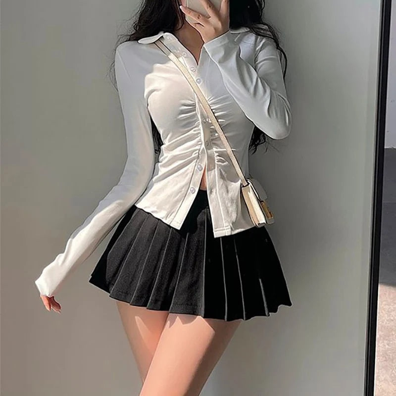 HOUZHOU Pleated Skirt with Shorts Women Cute High Waist Irregular White Black A image 5
