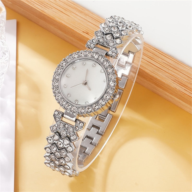 6PCS Set Luxury Watch Women Ring Necklace Earring Rhinestone Fashion Wristwatch image 7