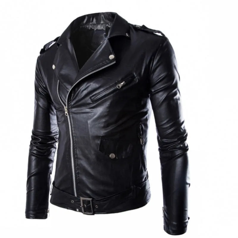 Fashion PU Leather Jacket Men Buckle Zip Lapel Collar British Black White Pun image 0