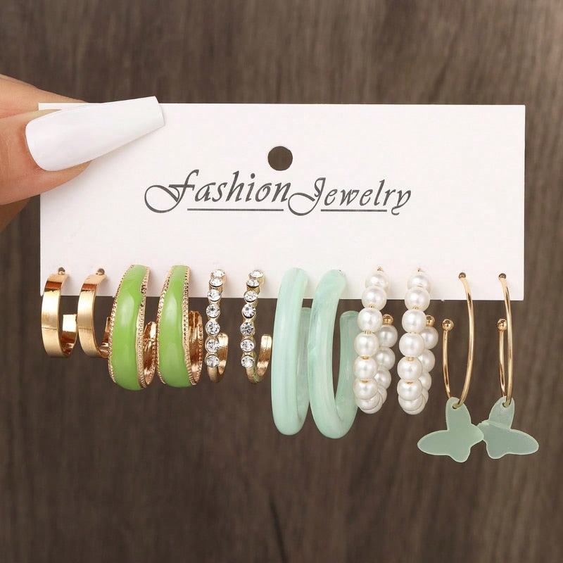 Boho Resin Colorful Earrings Set For Women Pearl Butterfly Gold Color Metal Cir image 17