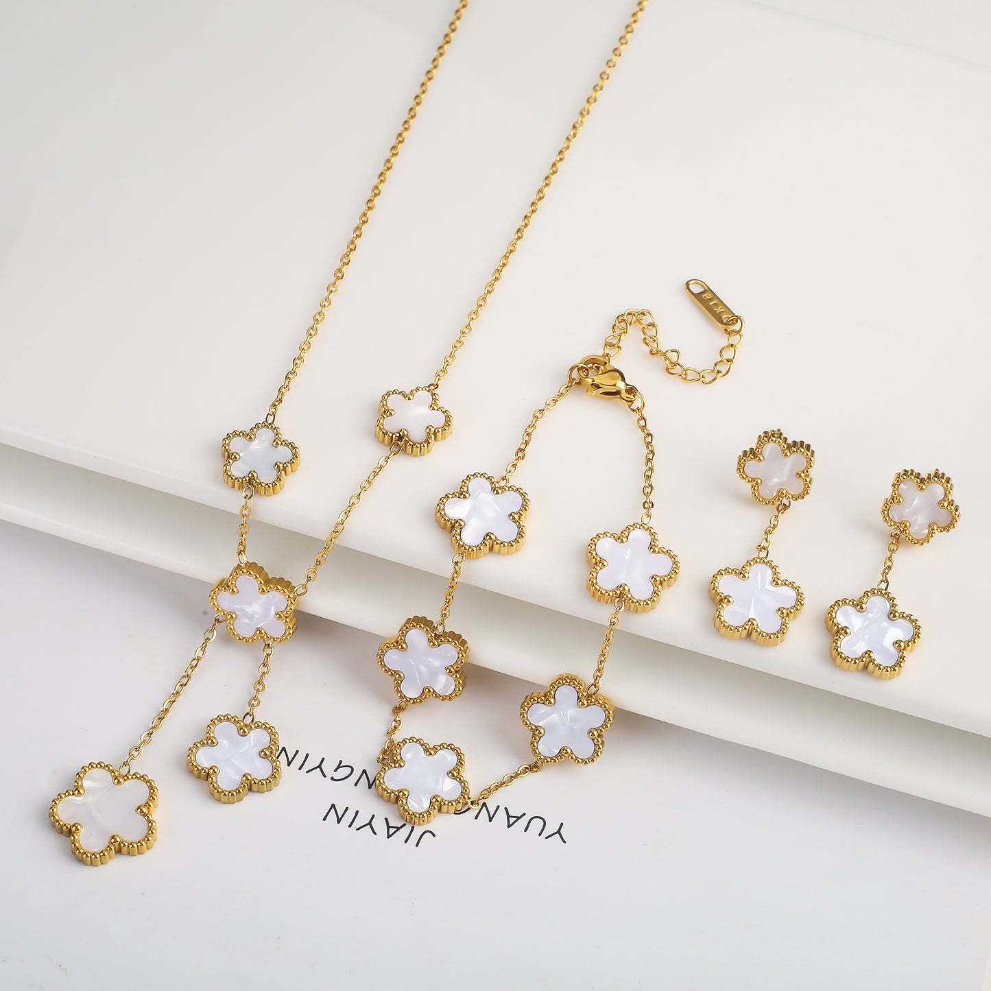 3Pcs 18k Gold-Plated Five-Leaf Flower Necklace Earrings Bracelet Jewelry Set Fo image 12
