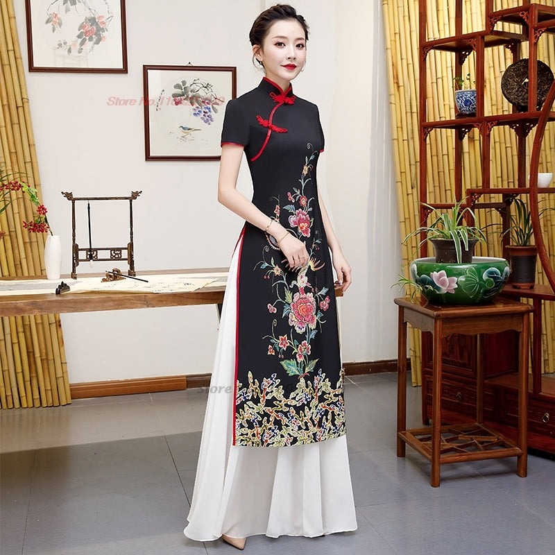 2024 vietnam traditional dress aodai improved cheongsam dress national flower p image 2