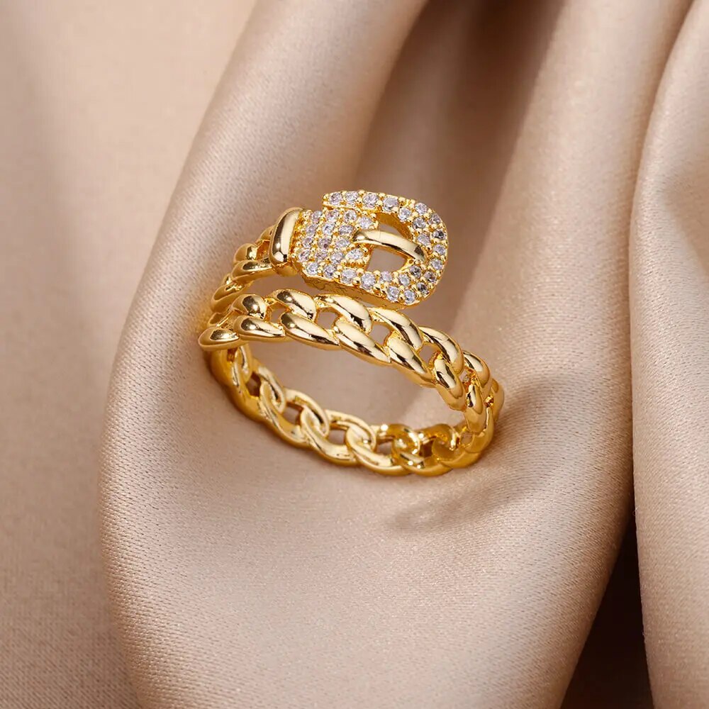 Fashion Gold Color Stainless Steel Rings For Women Chain Hollow Out Crystal Zir image 4