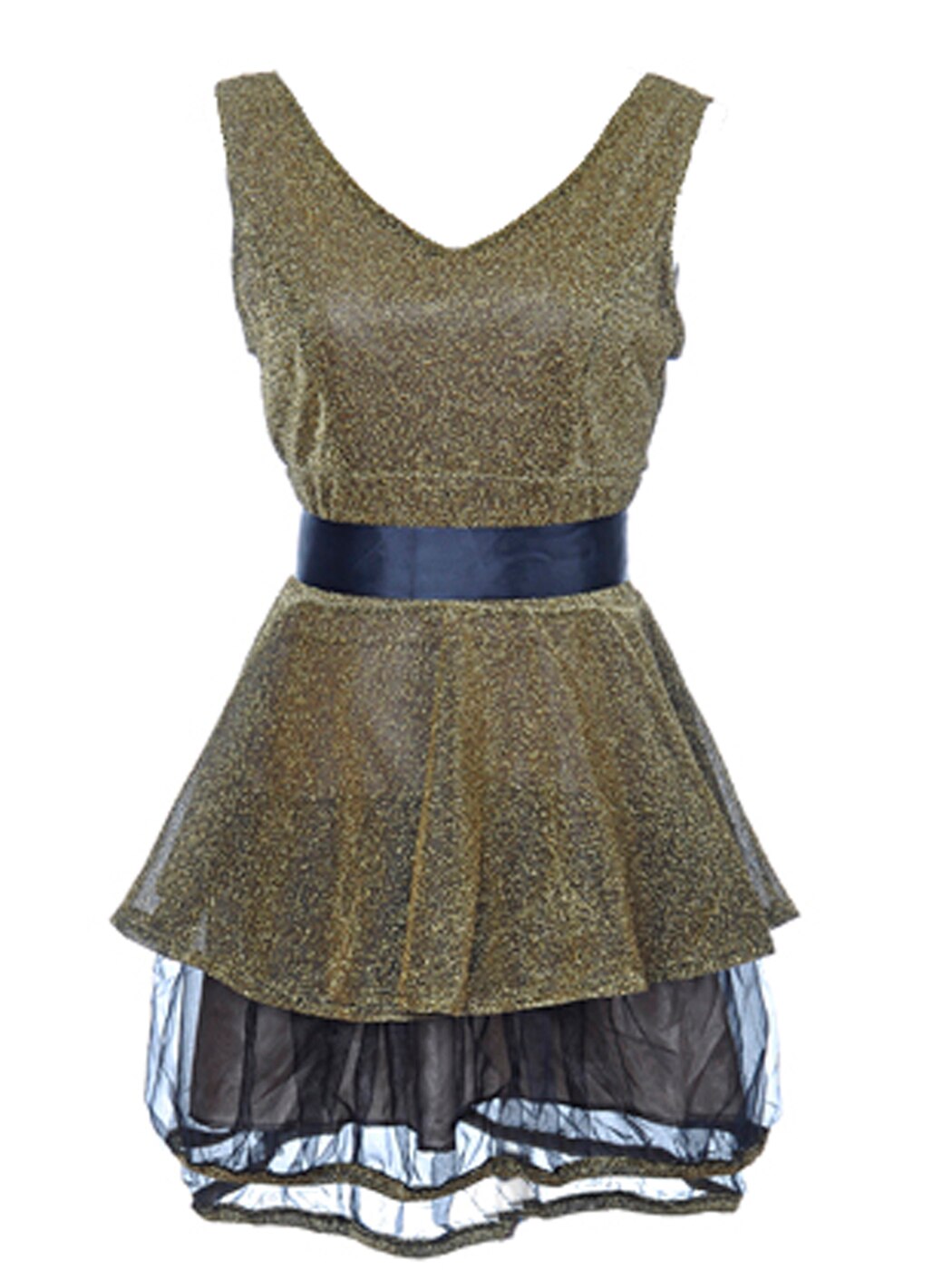 Womens Gold Glitter Tulle Flared Waist Tie V Neck Sleeveless Dress Office Lady image 2