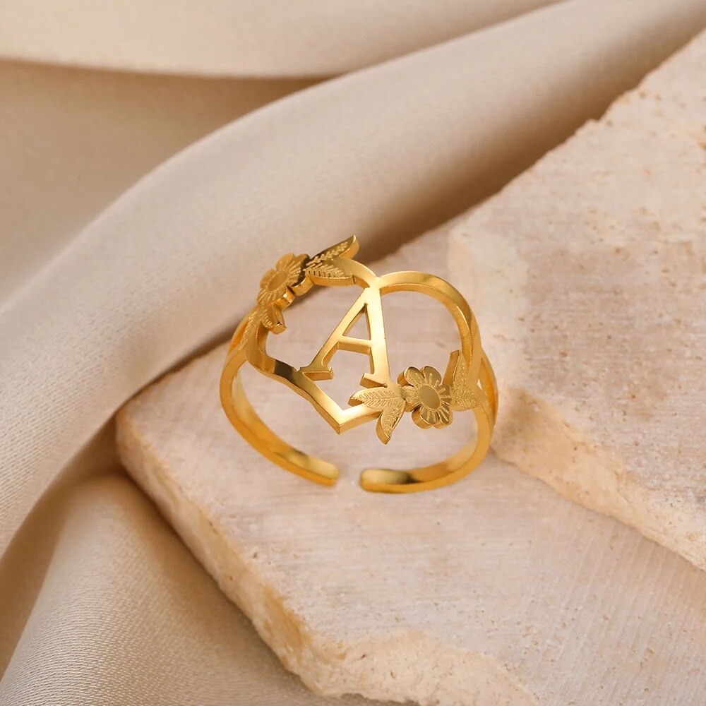 Stainless Steel Initials Flower Heart Rings Gold Color Adjustable Delicate Lett image 25