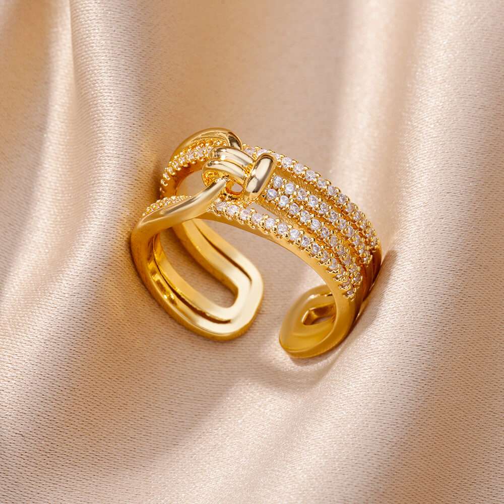 Fashion Gold Color Stainless Steel Rings For Women Chain Hollow Out Crystal Zir image 11