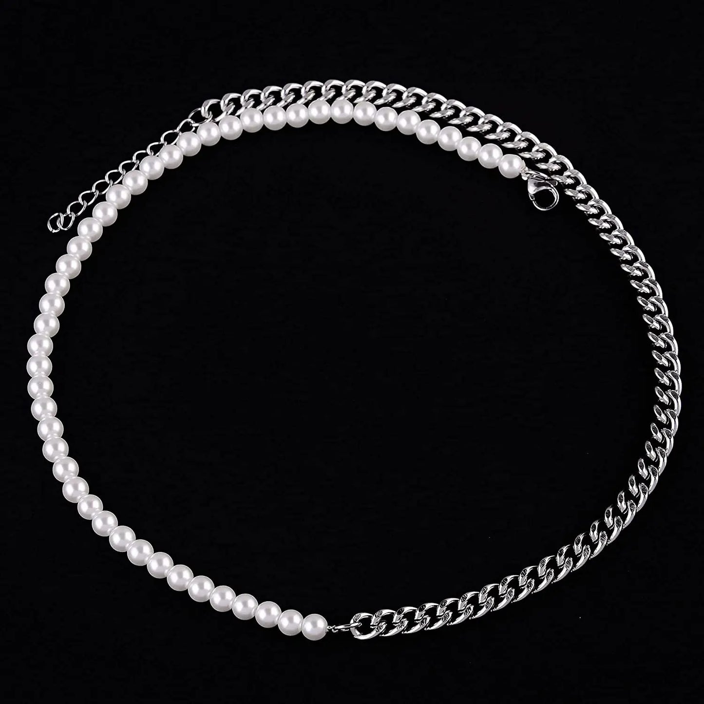 Half Pearl Half Chain Necklace Men Women Silver Gold Color Cuban Link Stainless image 2