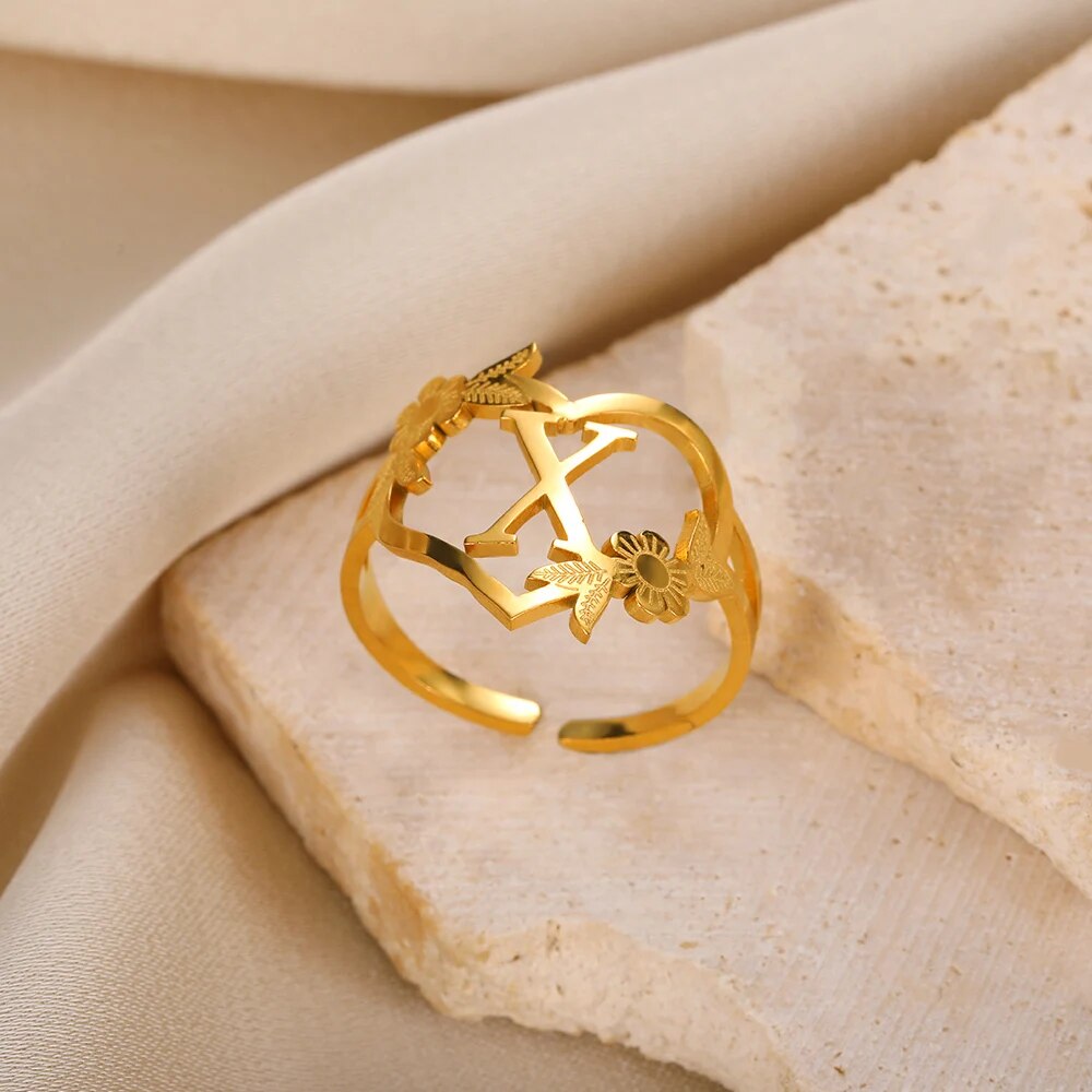 Stainless Steel Initials Flower Heart Rings Gold Color Adjustable Delicate Lett image 23