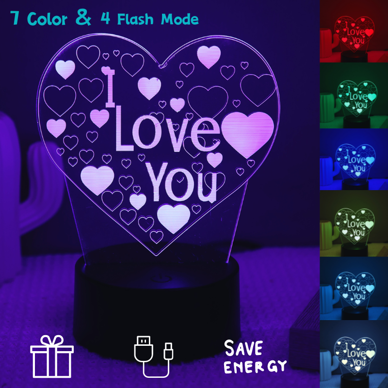 Heart 3D Acrylic Kids Bedside Table Lamp LED I Love You 7 Colors Touch Night Li image 1