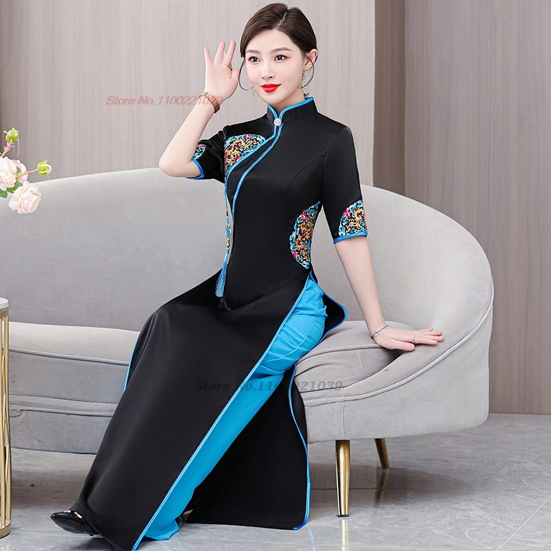 2024 vietnam traditional aodai dress+pants set national flower embroidery impro image 5