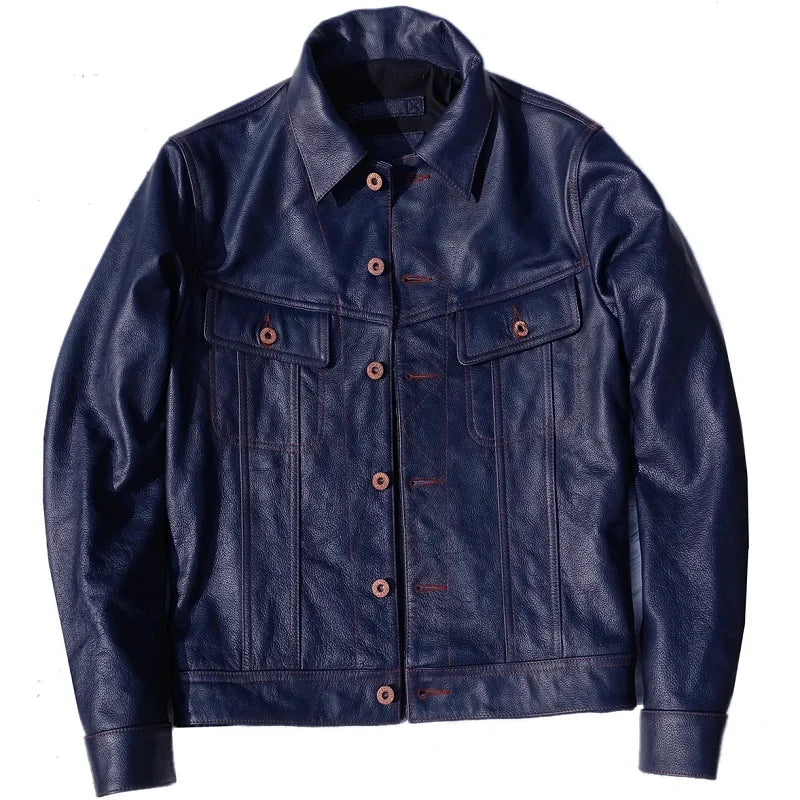 YR!Free shipping.Cuero Super slim blue genuine leather jacket.men classic casua image 0