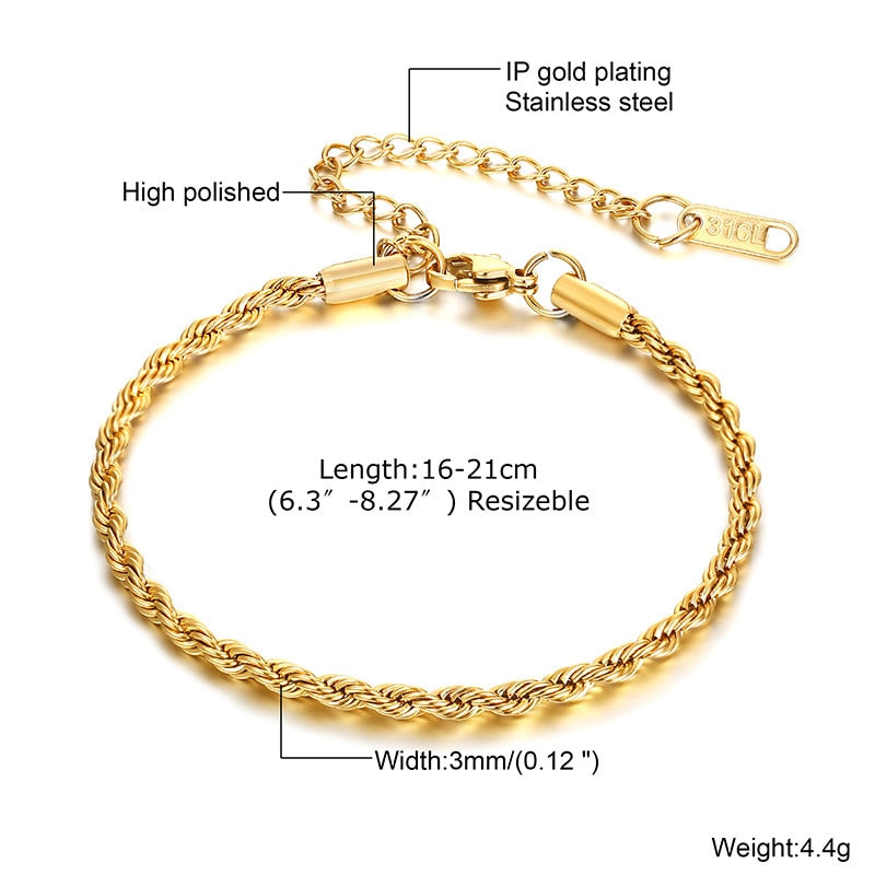 Vnox 2/3/4/5mm Twisted Chain Bracelets for Women Men, Gold Color Stainless Stee image 9