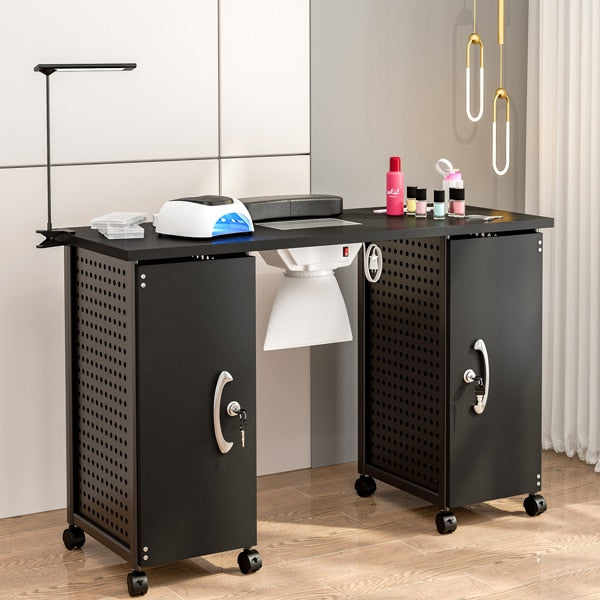 Nail Desk Nail Table Workstation with Led Light,Removable Drawers,Lockable Whee image 1